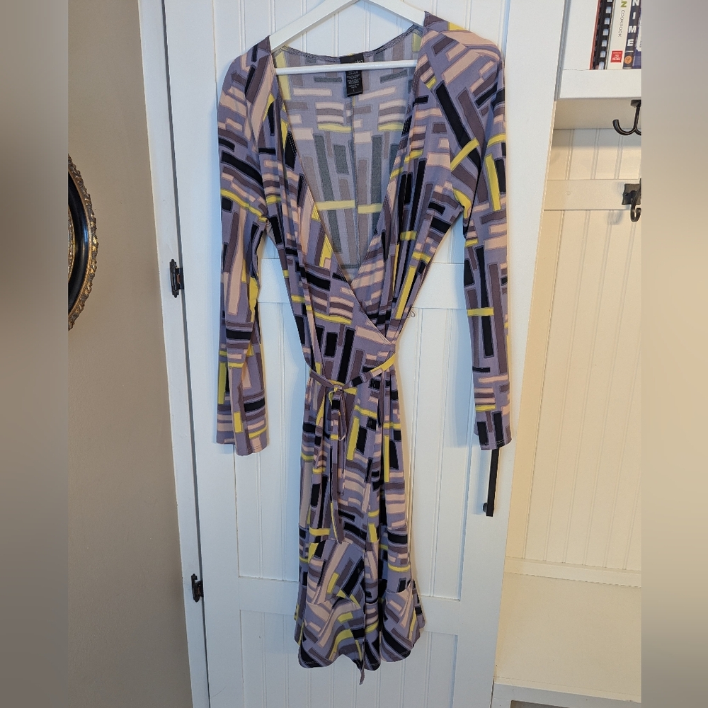 Max & Cleo Geometric Long Wrap Sleeve Dress